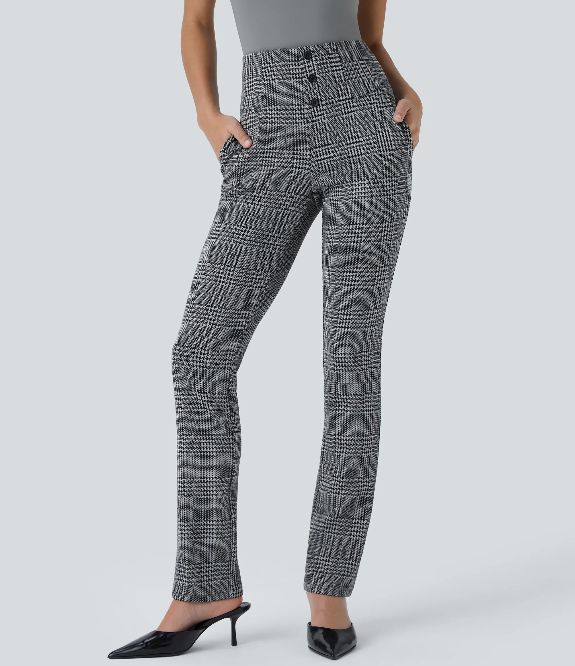 High-Waisted Pants|Halara Flex™ Pant<HALARA Flex™ High Waisted Decorative Pocket Houndstooth Plaid Skinny Work Pants
