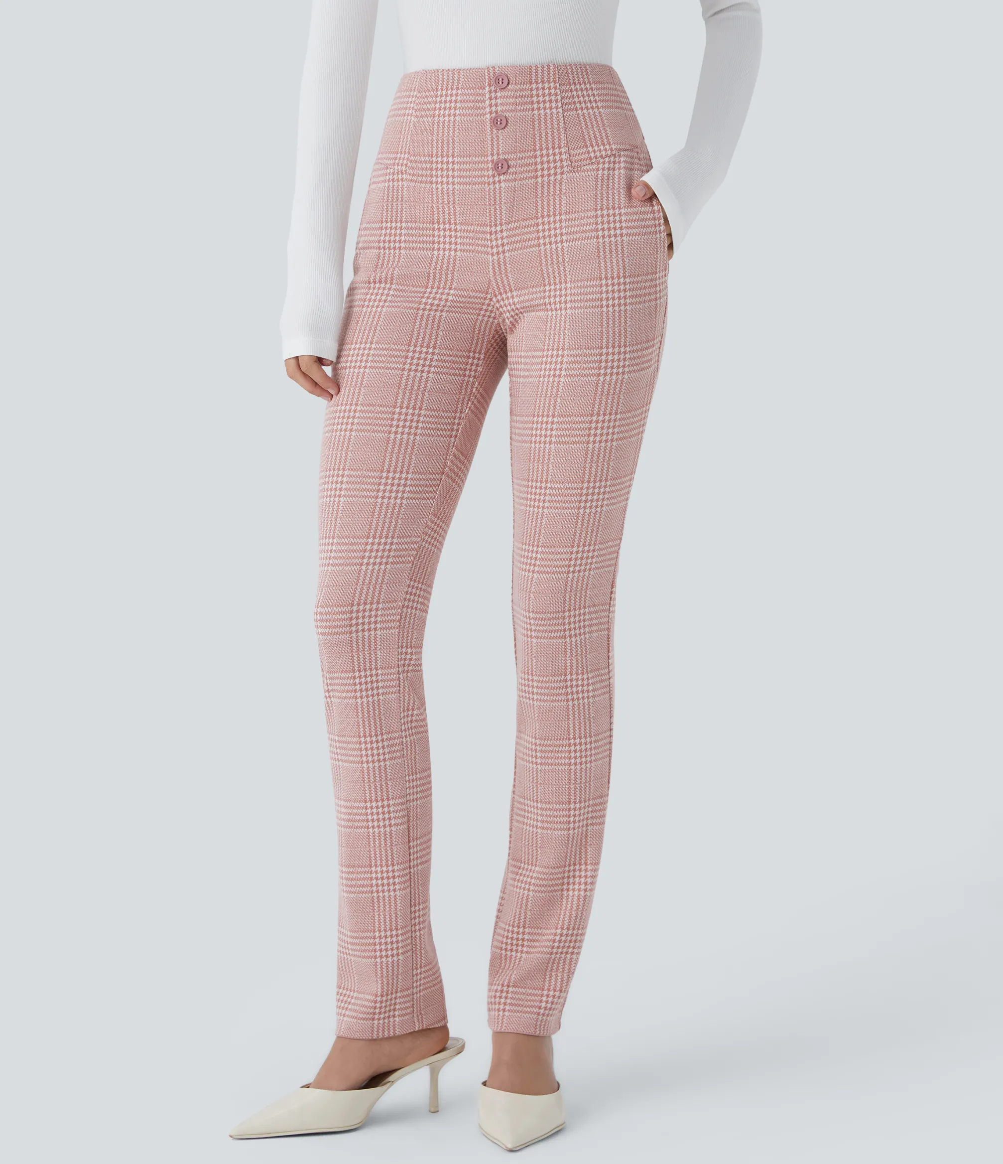 High-Waisted Pants|Halara Flex™ Pant<HALARA Flex™ High Waisted Decorative Pocket Houndstooth Plaid Skinny Work Pants
