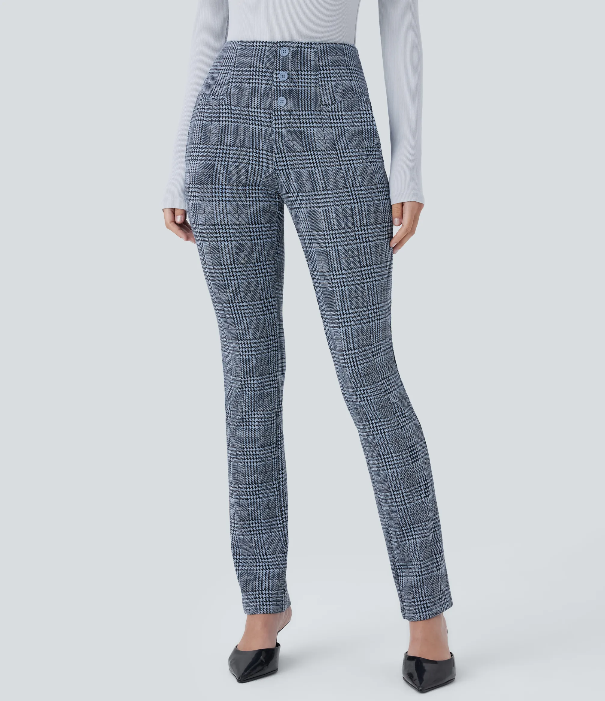High-Waisted Pants|Halara Flex™ Pant<HALARA Flex™ High Waisted Decorative Pocket Houndstooth Plaid Skinny Work Pants