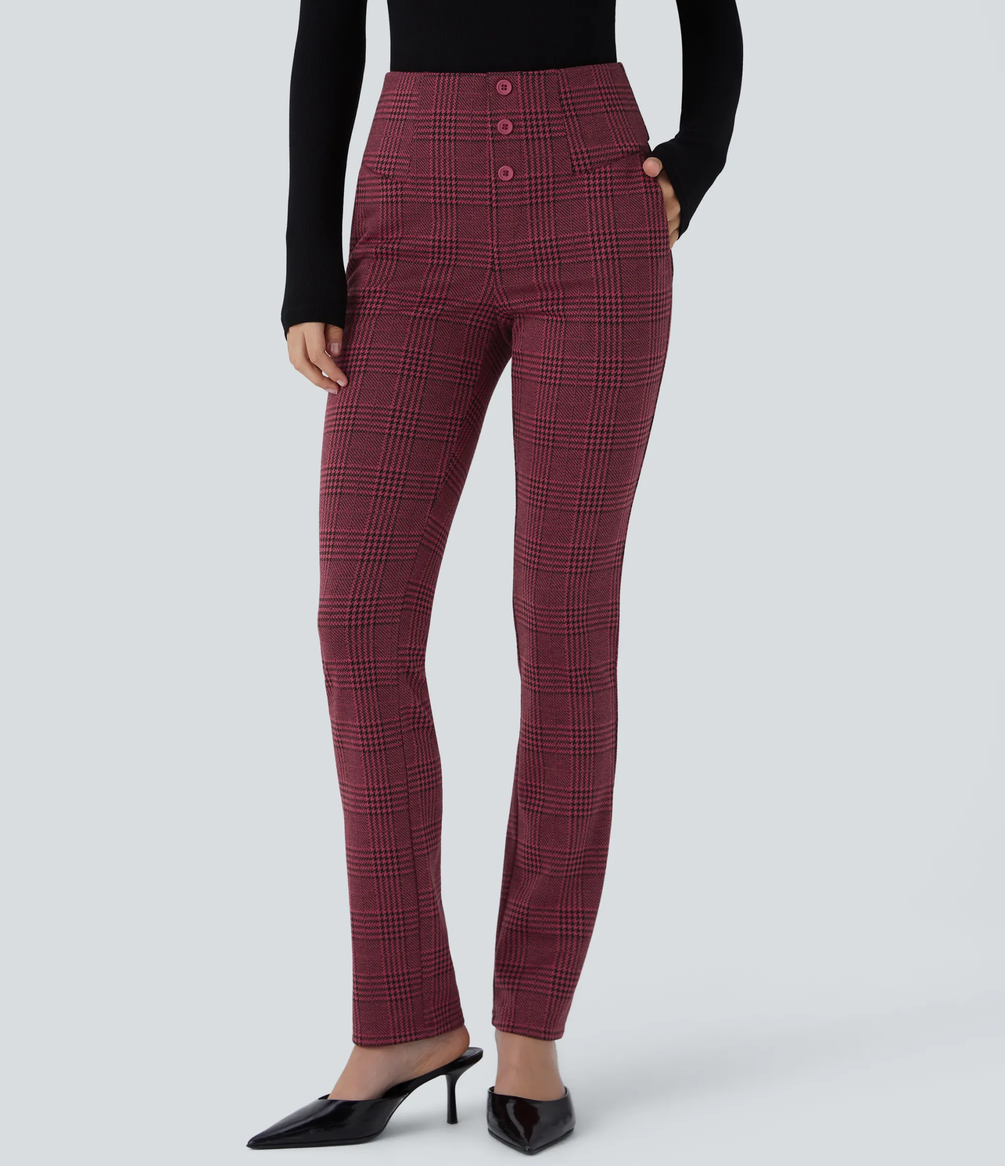 High-Waisted Pants|Halara Flex™ Pant<HALARA Flex™ High Waisted Decorative Pocket Houndstooth Plaid Skinny Work Pants