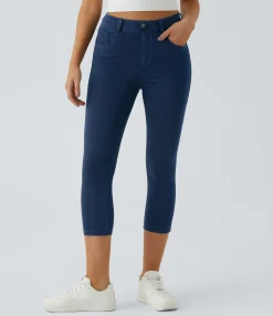 Pocket Leggings|Casual Wear Leggings<HALARA Flex™ High Waisted Pockets Denim Capri Casual Leggings