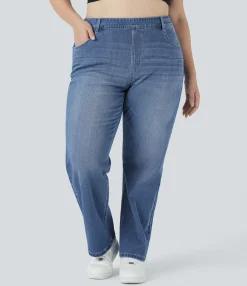 Plus-Size Denim|Plus Size<HALARA Flex™ High Waisted Pockets Straight Leg Washed Casual Plus Size Jeans
