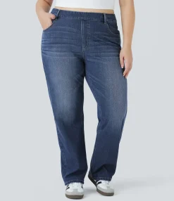 Plus-Size Denim|Plus Size<HALARA Flex™ High Waisted Pockets Straight Leg Washed Casual Plus Size Jeans