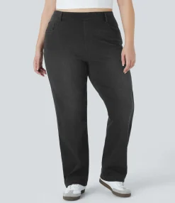 Plus-Size Denim|Plus Size<HALARA Flex™ High Waisted Pockets Straight Leg Washed Casual Plus Size Jeans