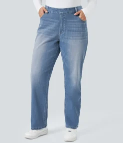 Plus-Size Denim|Plus Size<HALARA Flex™ High Waisted Pockets Straight Leg Washed Casual Plus Size Jeans
