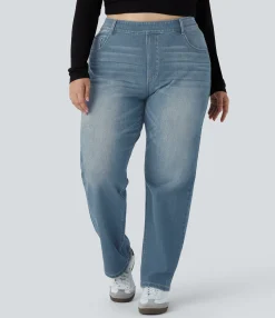 Plus-Size Denim|Plus Size<HALARA Flex™ High Waisted Pockets Straight Leg Washed Casual Plus Size Jeans