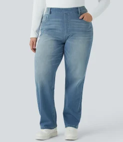 Plus-Size Denim|Plus Size<HALARA Flex™ High Waisted Pockets Straight Leg Washed Casual Plus Size Jeans