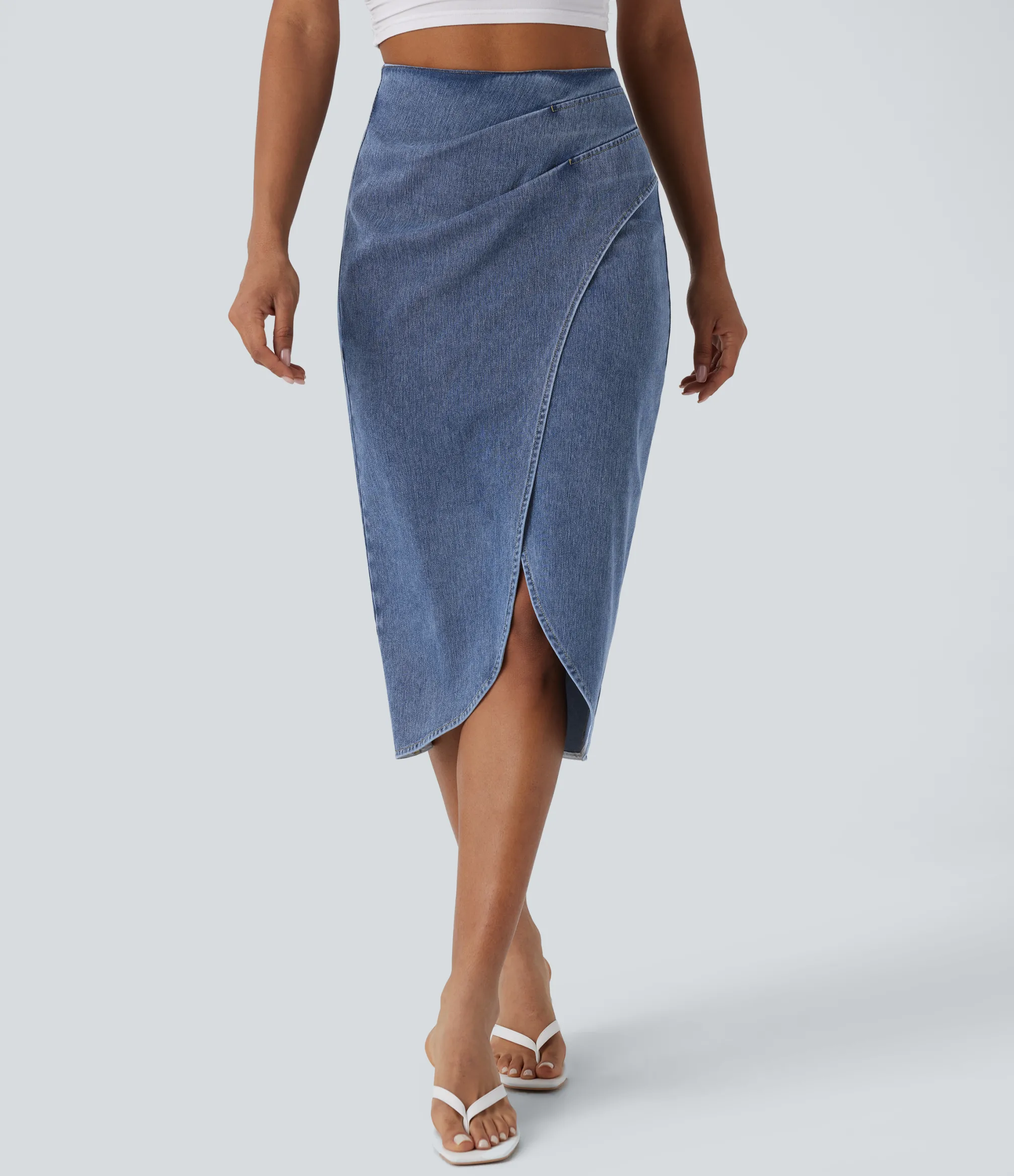 Denim Skirts|Maxi & Midi Skirts<HALARA Flex™ High Waisted Back Zipper Ruched Tulip Hem Midi Washed Denim Casual Skirt