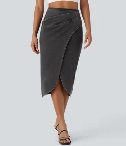 Denim Skirts|Maxi & Midi Skirts<HALARA Flex™ High Waisted Back Zipper Ruched Tulip Hem Midi Washed Denim Casual Skirt
