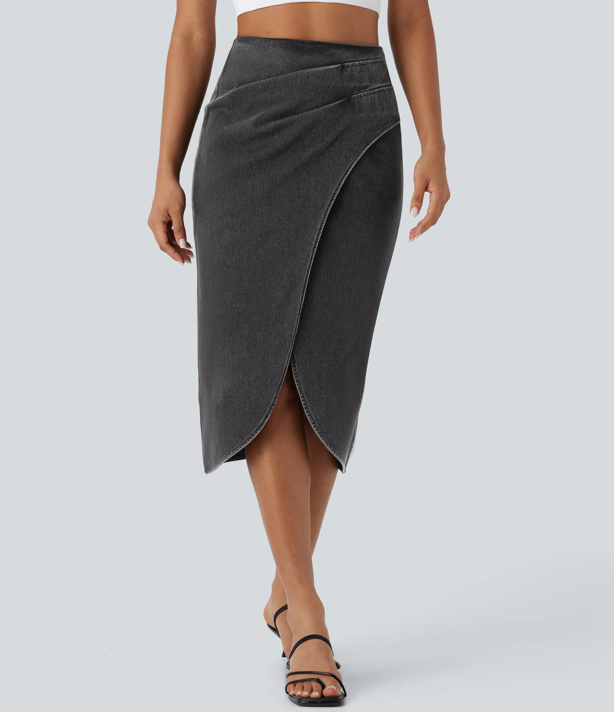 Denim Skirts|Maxi & Midi Skirts<HALARA Flex™ High Waisted Back Zipper Ruched Tulip Hem Midi Washed Denim Casual Skirt