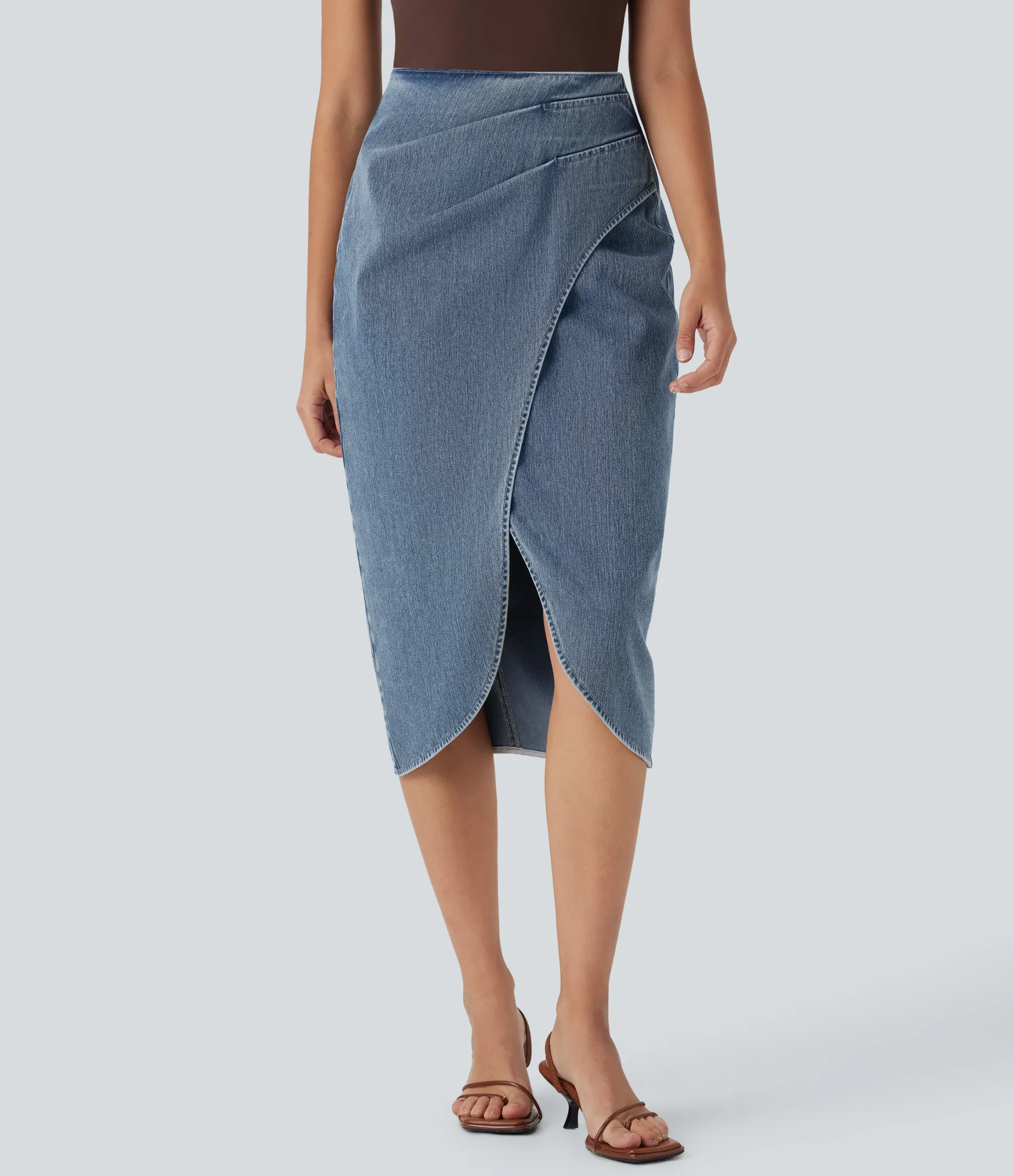 Denim Skirts|Maxi & Midi Skirts<HALARA Flex™ High Waisted Back Zipper Ruched Tulip Hem Midi Washed Denim Casual Skirt