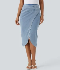 Denim Skirts|Maxi & Midi Skirts<HALARA Flex™ High Waisted Back Zipper Ruched Tulip Hem Midi Washed Denim Casual Skirt