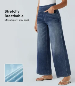 High Waisted Jeans|Wide Leg Jeans<HALARA Flex™ High Waisted Pockets Baggy Wide Leg Washed Casual Jeans