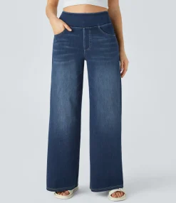 High Waisted Jeans|Wide Leg Jeans<HALARA Flex™ High Waisted Pockets Baggy Wide Leg Washed Casual Jeans