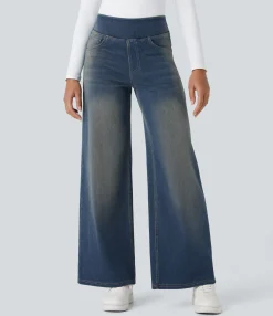 High Waisted Jeans|Wide Leg Jeans<HALARA Flex™ High Waisted Pockets Baggy Wide Leg Washed Casual Jeans