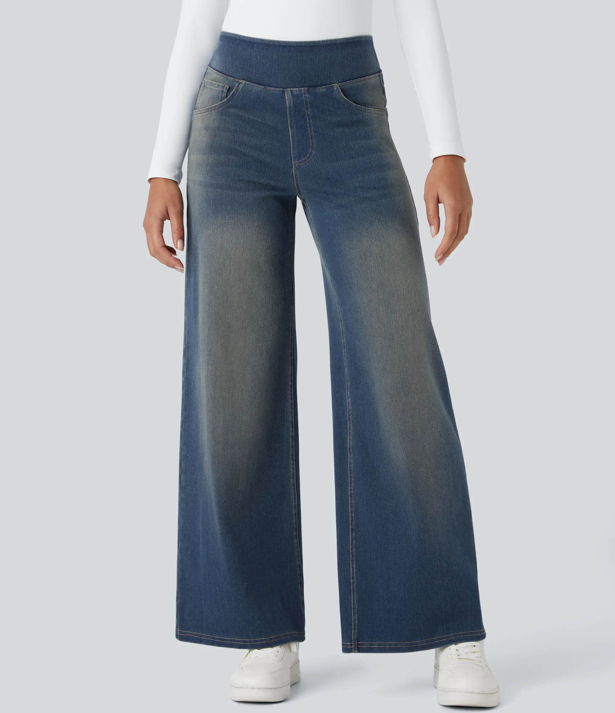 High Waisted Jeans|Wide Leg Jeans<HALARA Flex™ High Waisted Pockets Baggy Wide Leg Washed Casual Jeans