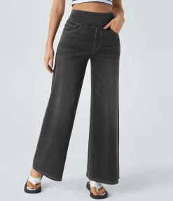 High Waisted Jeans|Wide Leg Jeans<HALARA Flex™ High Waisted Pockets Baggy Wide Leg Washed Casual Jeans