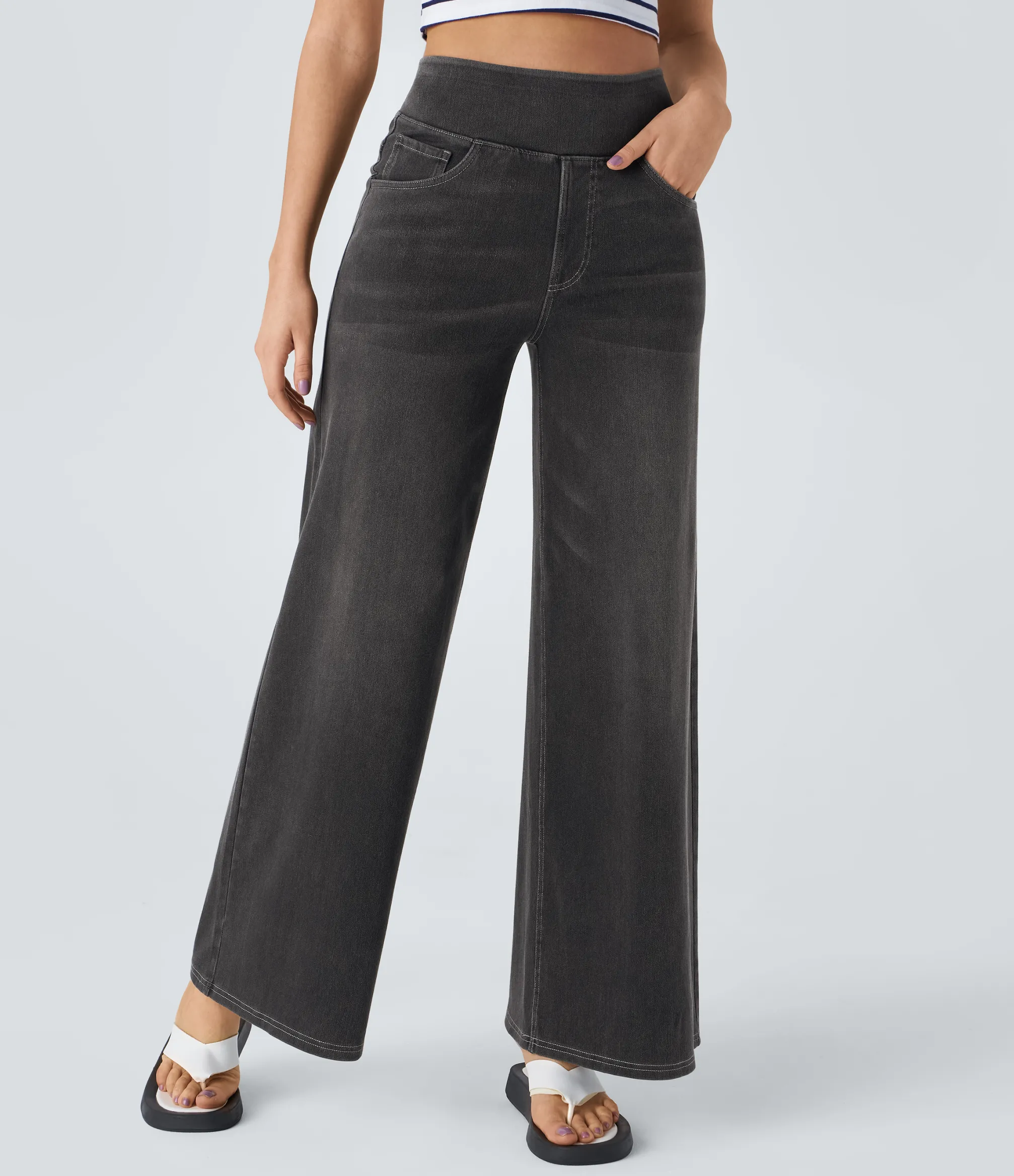 High Waisted Jeans|Wide Leg Jeans<HALARA Flex™ High Waisted Pockets Baggy Wide Leg Washed Casual Jeans