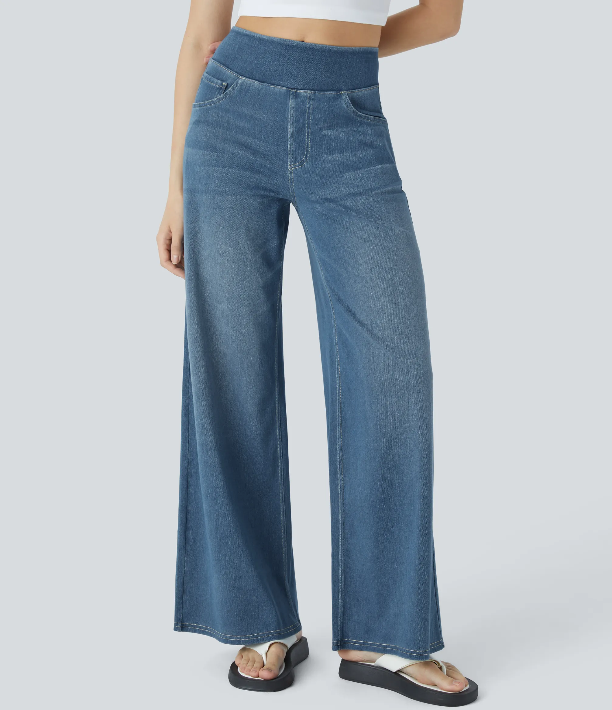 High Waisted Jeans|Wide Leg Jeans<HALARA Flex™ High Waisted Pockets Baggy Wide Leg Washed Casual Jeans