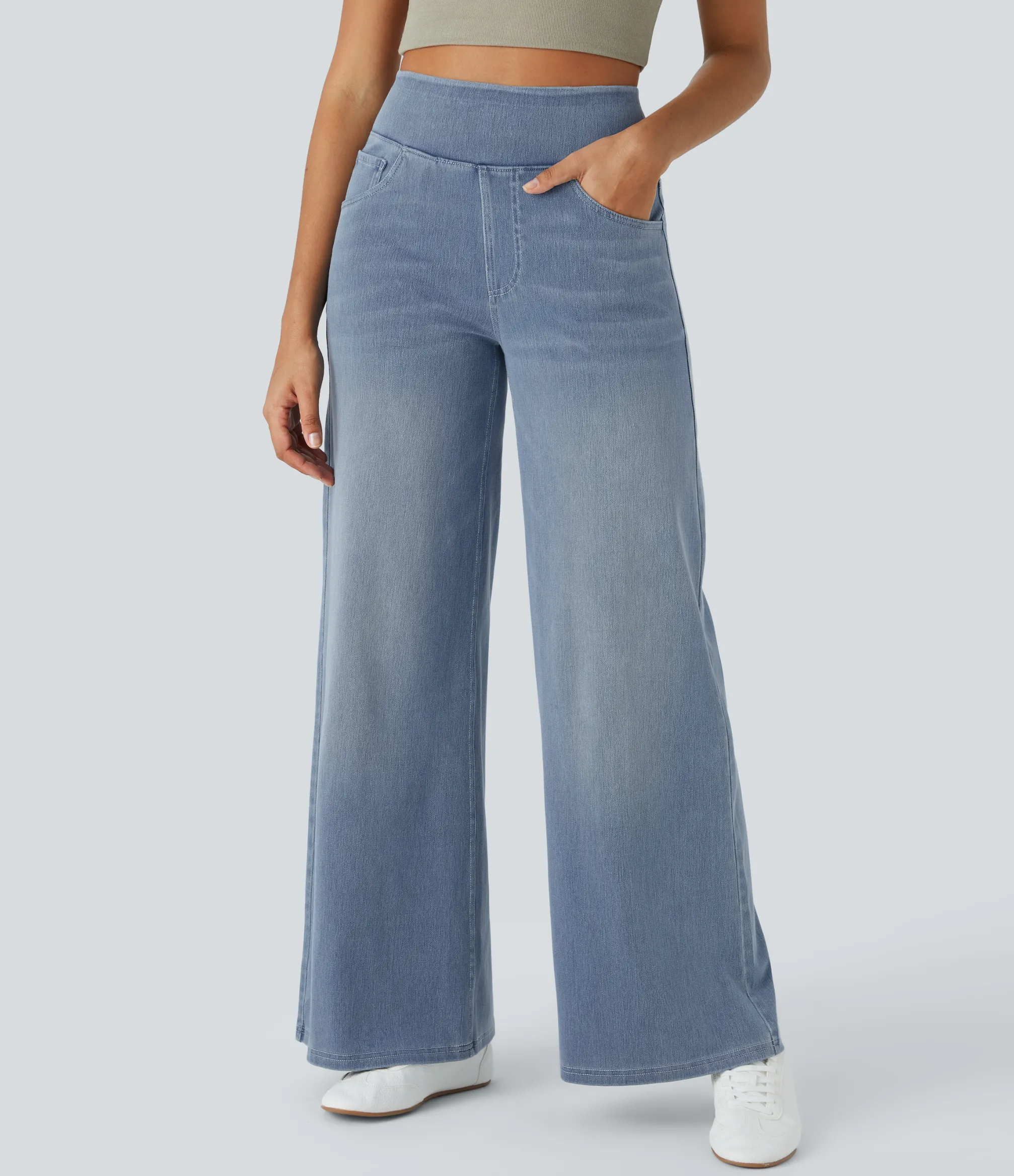 High Waisted Jeans|Wide Leg Jeans<HALARA Flex™ High Waisted Pockets Baggy Wide Leg Washed Casual Jeans