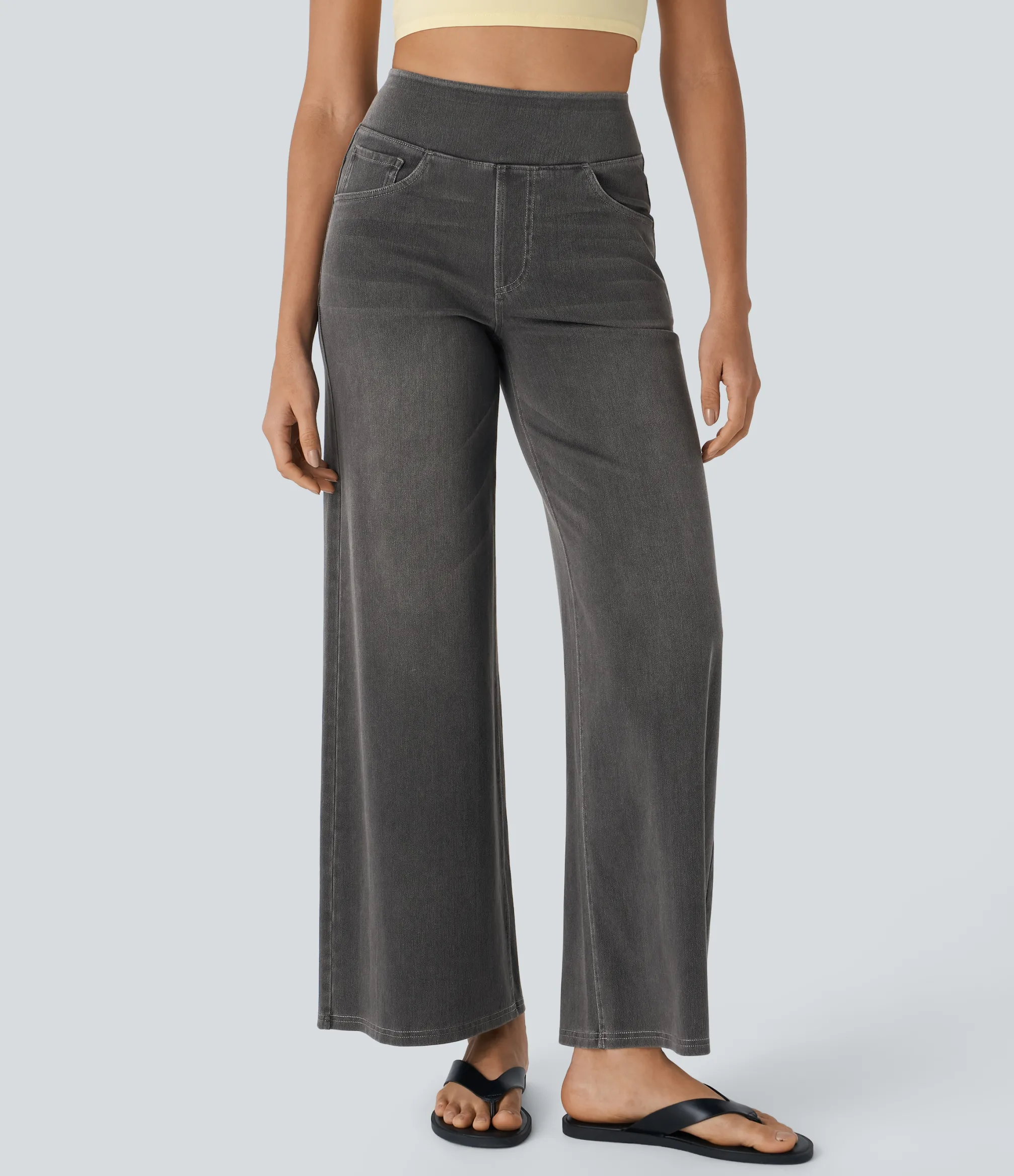 High Waisted Jeans|Wide Leg Jeans<HALARA Flex™ High Waisted Pockets Baggy Wide Leg Washed Casual Jeans