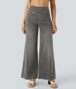 High Waisted Jeans|Wide Leg Jeans<HALARA Flex™ High Waisted Pockets Baggy Wide Leg Washed Casual Jeans