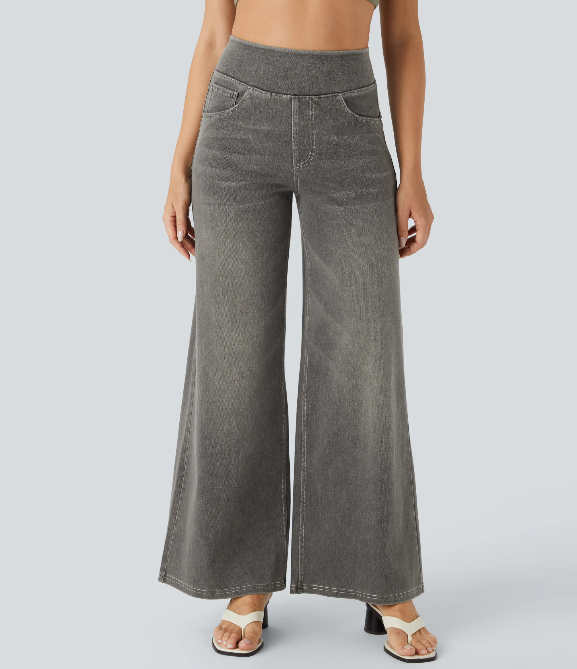 High Waisted Jeans|Wide Leg Jeans<HALARA Flex™ High Waisted Pockets Baggy Wide Leg Washed Casual Jeans