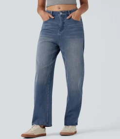 High Waisted Jeans|Jeans<HALARA Flex™ High Waisted Washed Casual Barrel Leg Jeans with Pockets