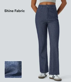 High Waisted Jeans|Jeans<HALARA Flex™ High Waisted Pockets Silver Shine Casual Bootcut Jeans Dark Blue Silver Denim