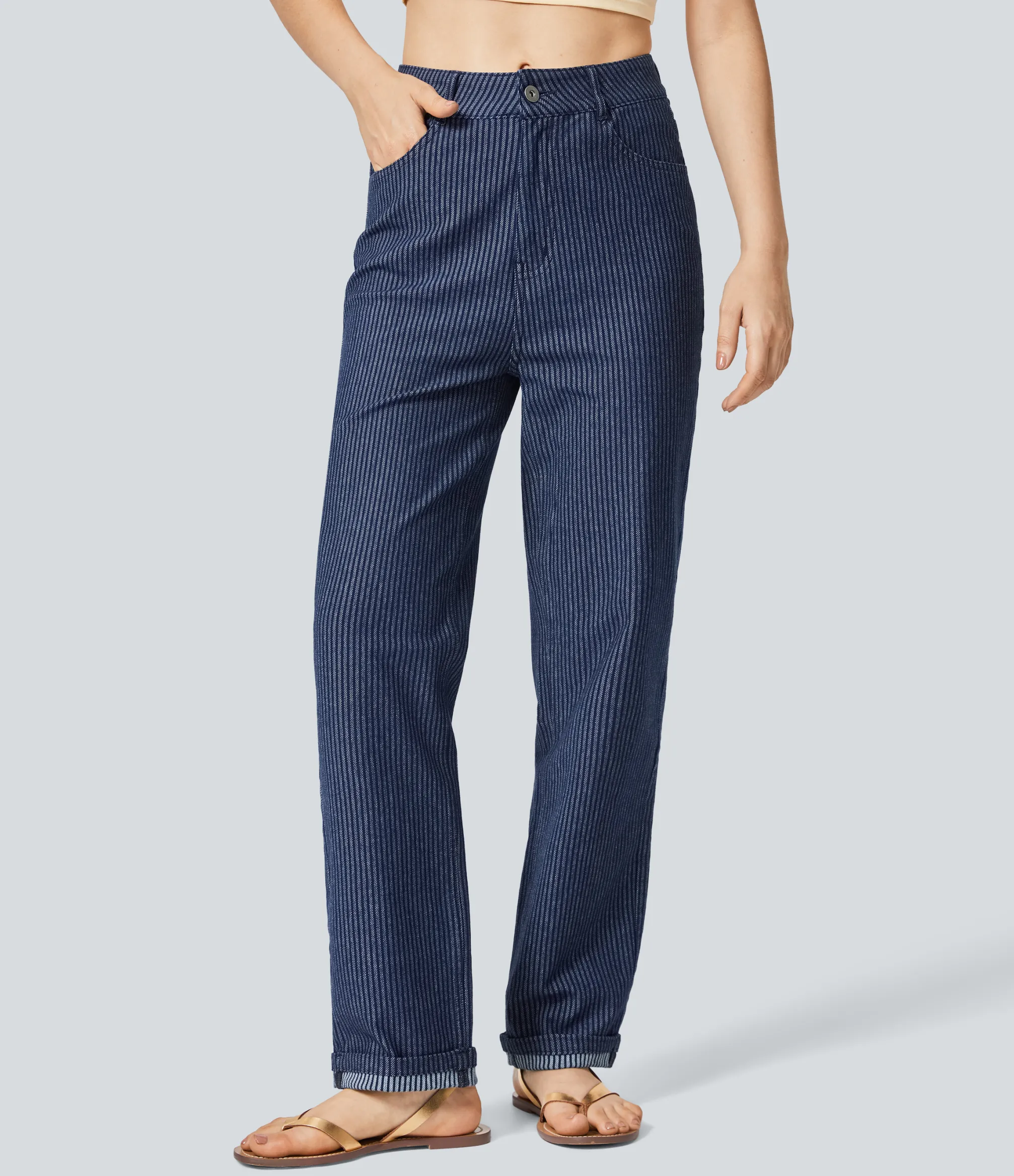 High Waisted Jeans|Straight-Leg Jeans<HALARA Flex™ High Waisted Zipper Pockets Straight Leg Striped Washed Casual Jeans