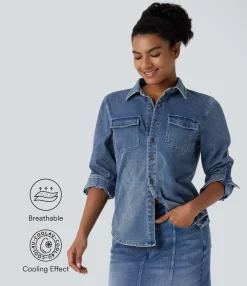 Casual Tops|Shirts Blouses<HALARA Flex™ Long Sleeve Pocket Cool Touch Denim Casual Shirt