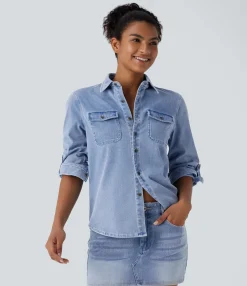 Casual Tops|Shirts Blouses<HALARA Flex™ Long Sleeve Pocket Cool Touch Denim Casual Shirt