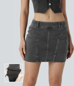 Denim Skirts|Mini Skirts<HALARA Flex™ Low Rise Bodycon Mini Washed Denim Casual Skirt with Pockets