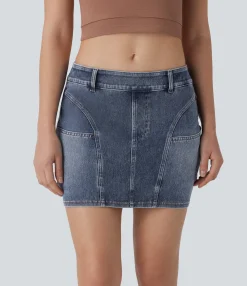 Denim Skirts|Mini Skirts<HALARA Flex™ Low Rise Bodycon Mini Washed Denim Casual Skirt with Pockets