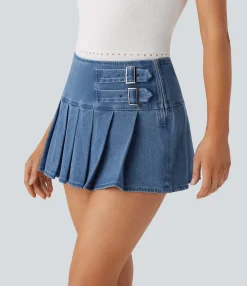 Denim Skirts|Mini Skirts<HALARA Flex™ Low Rise Decorative Buckle Zipper Pleated 2-in-1 Denim Mini Casual Skirt