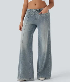 Jeans<HALARA Flex™ Low Rise Drawstring Washed Casual Baggy Jeans with Pockets