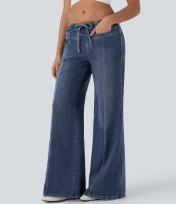 Jeans<HALARA Flex™ Low Rise Drawstring Washed Casual Baggy Jeans with Pockets
