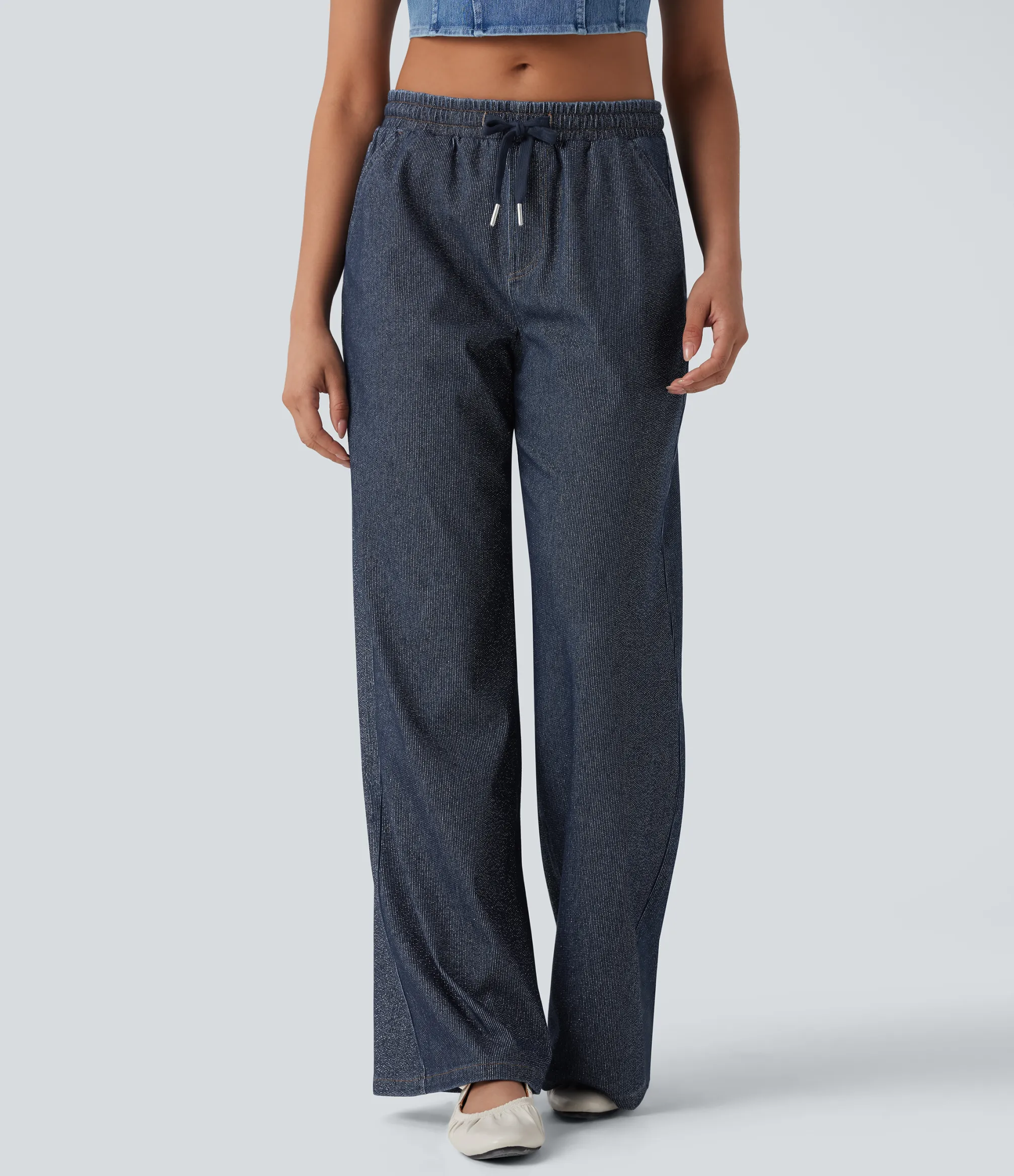 Wide Leg Jeans<HALARA Flex™ Low Rise Drawstring Wide Leg Metallic Casual Jeans with Pockets