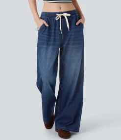 Jeans<HALARA Flex™ Low Rise Drawstring Casual Baggy Jeans with Pockets