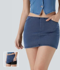 Denim Skirts|Denim Skirts<HALARA Flex™ Low Rise 2-in-1 Bodycon Washed Denim Mini Casual Skirt with Pocket