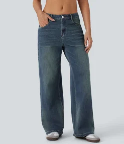 Wide Leg Jeans|Jeans<HALARA Flex™ Low Rise Pockets Baggy Wide Leg Washed Casual Jeans