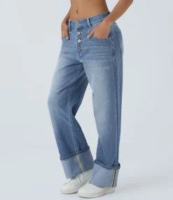 Jeans<HALARA Flex™ Low Rise Pockets Rolled Hem Washed Casual Boyfriend Jeans