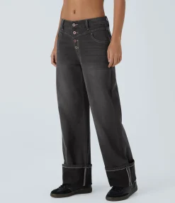Jeans<HALARA Flex™ Low Rise Pockets Rolled Hem Washed Casual Boyfriend Jeans