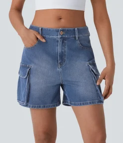 Denim Shorts|Denim Shorts<HALARA Flex™ Low Rise Pockets Washed Denim Casual Cargo Shorts