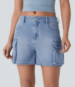 Denim Shorts|Denim Shorts<HALARA Flex™ Low Rise Pockets Washed Denim Casual Cargo Shorts