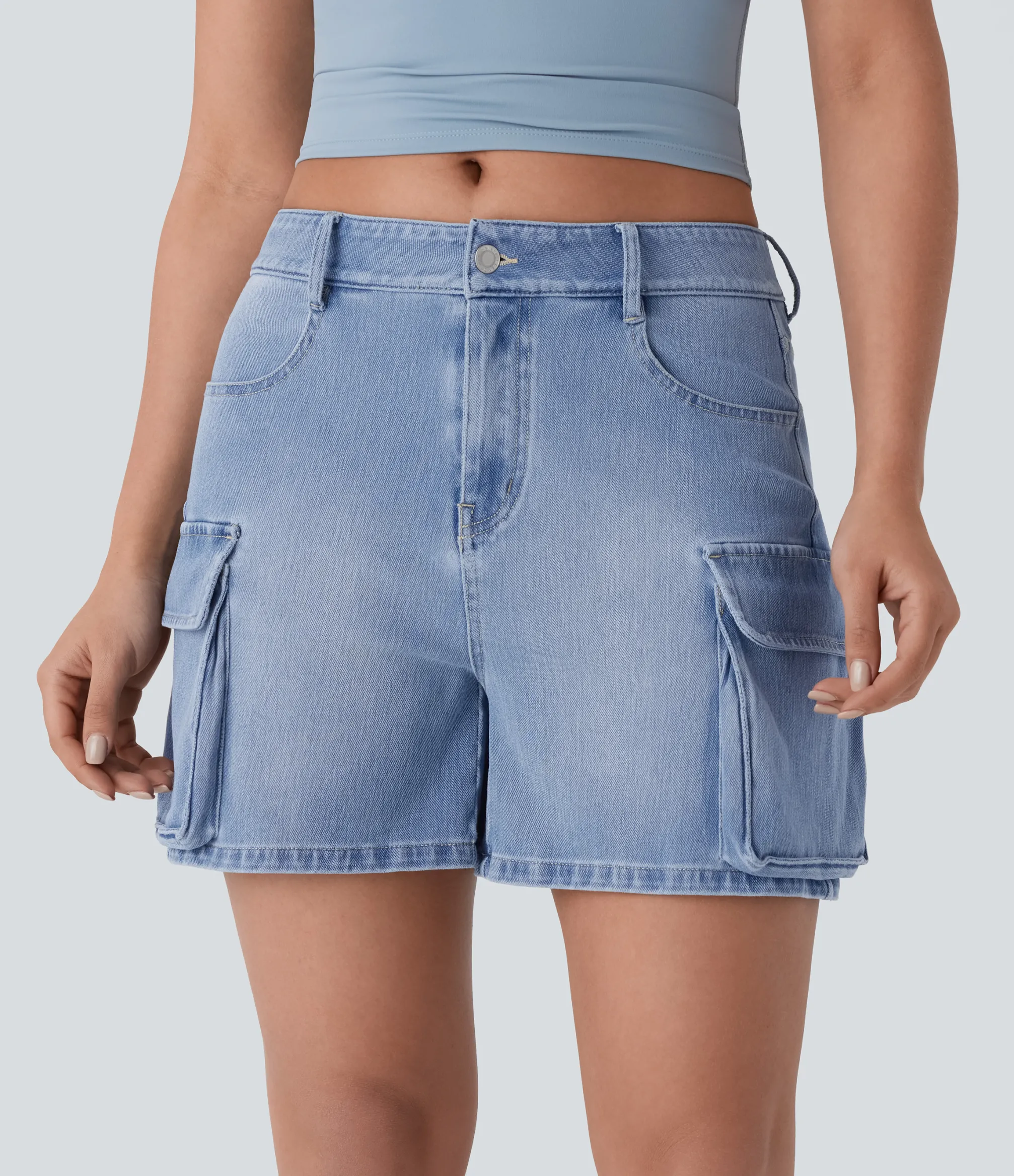Denim Shorts|Denim Shorts<HALARA Flex™ Low Rise Pockets Washed Denim Casual Cargo Shorts