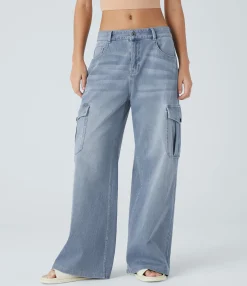 Wide Leg Jeans|Jeans<HALARA Flex™ Low Rise Pockets Casual Baggy Wide Leg Cargo Jeans