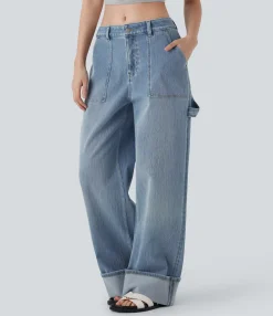 Jeans<HALARA Flex™ Low Rise Rolled Hem Washed Casual Baggy Jeans with Pockets