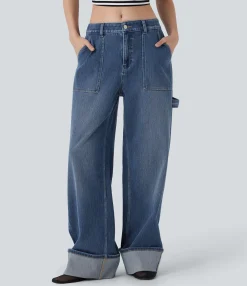 Jeans<HALARA Flex™ Low Rise Rolled Hem Washed Casual Baggy Jeans with Pockets