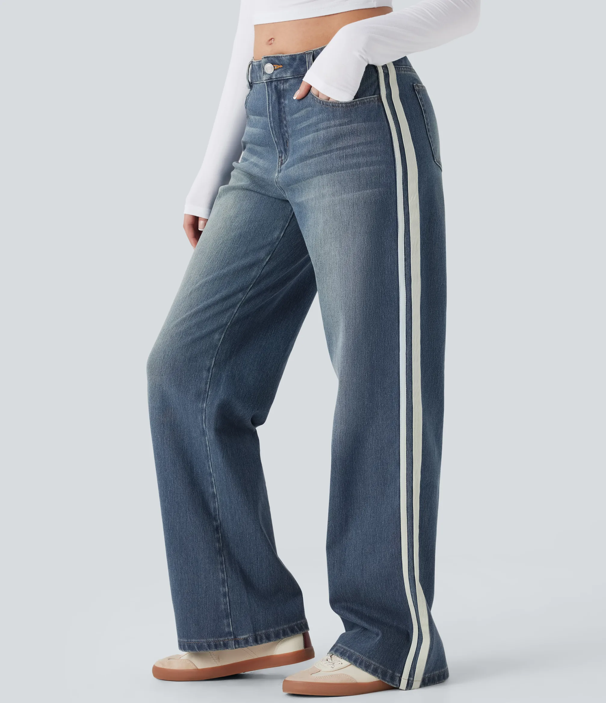 Wide Leg Jeans|Jeans<HALARA Flex™ Low Rise Stripe Wide Leg Washed Casual Jeans with Pockets